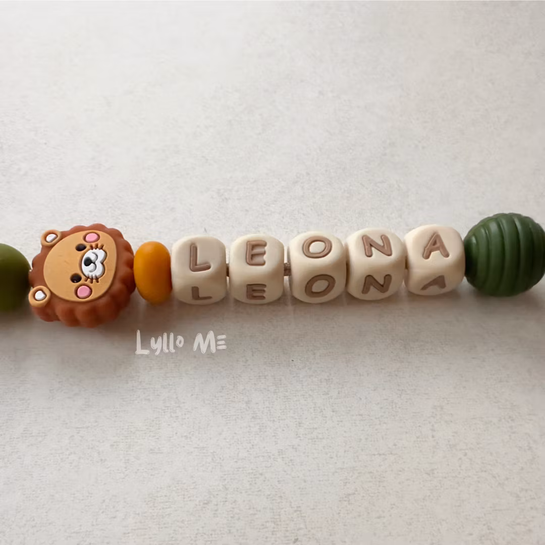 Pacifier holder with name - Little Lion - Forest Green /WHEAT