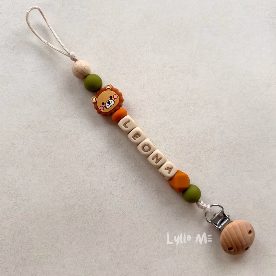 Pacifier holder with name - Little Lion - Rust Brown / WHEAT