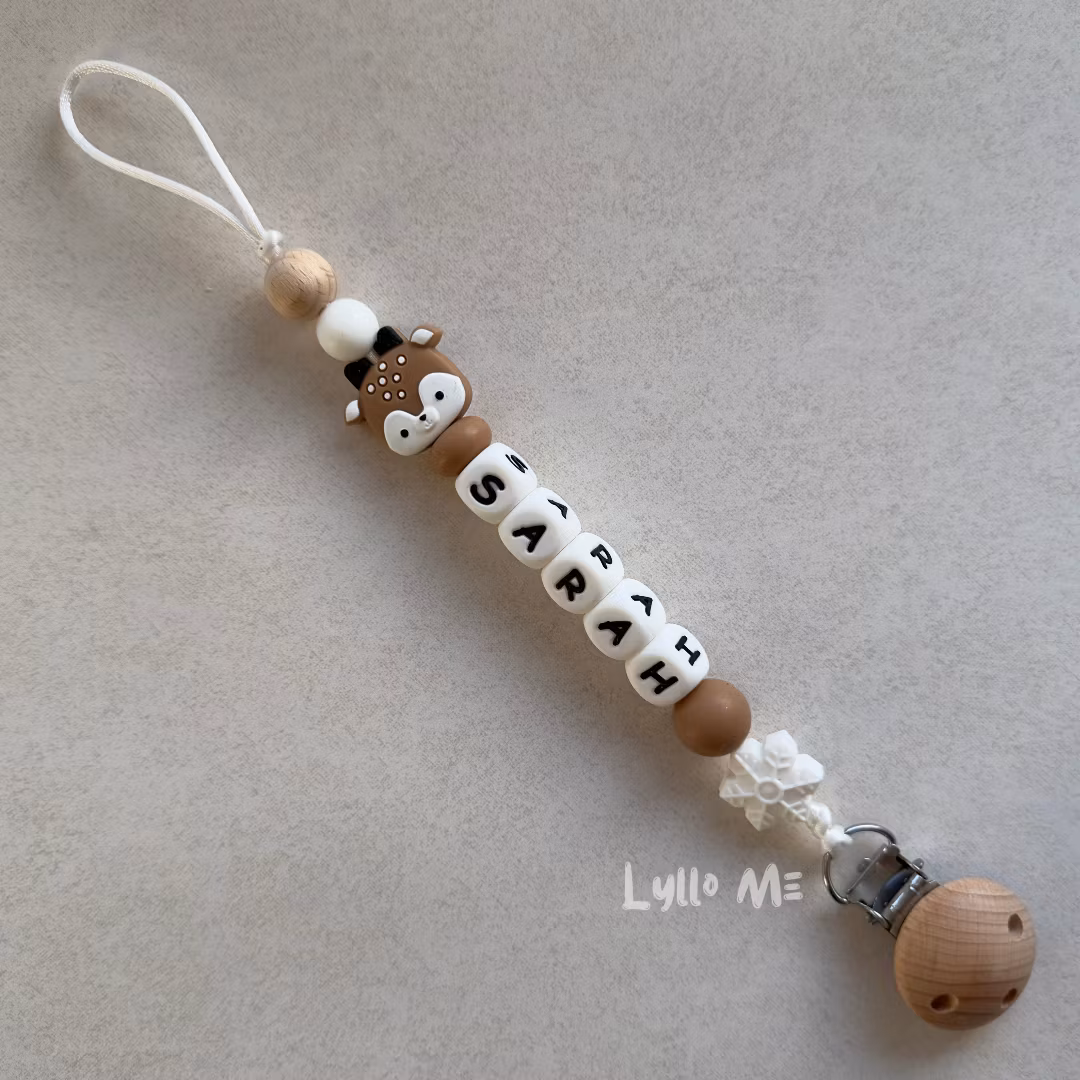 Pacifier holder with name Baby Deer /White