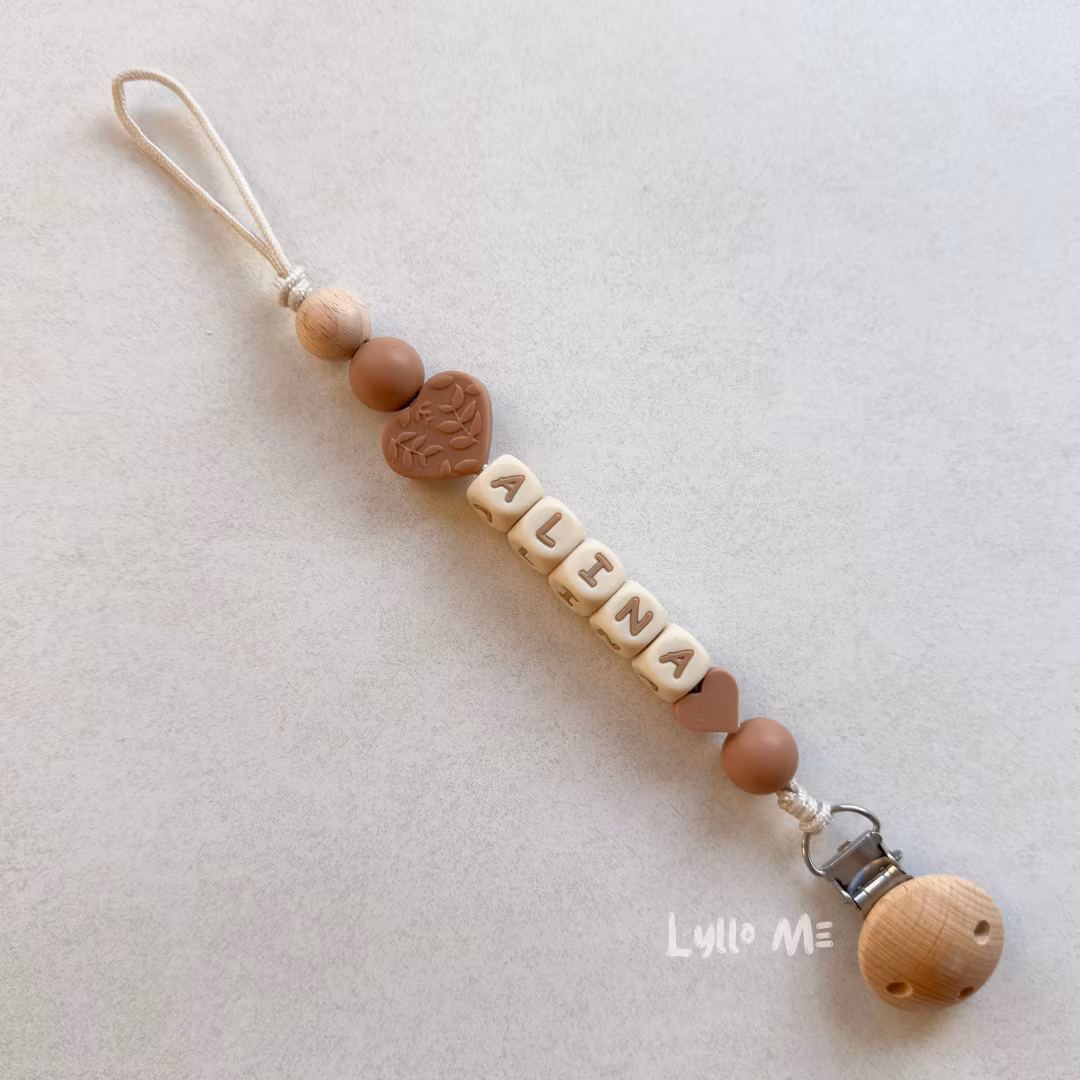 Pacifier holder with name Heart Brown /WHEAT