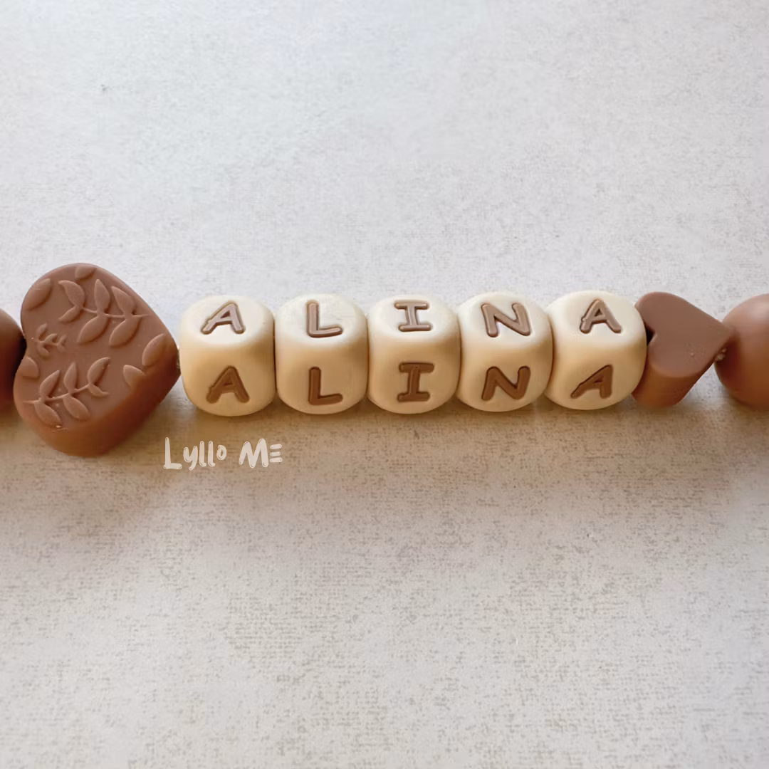 Pacifier holder with name Heart Brown /WHEAT