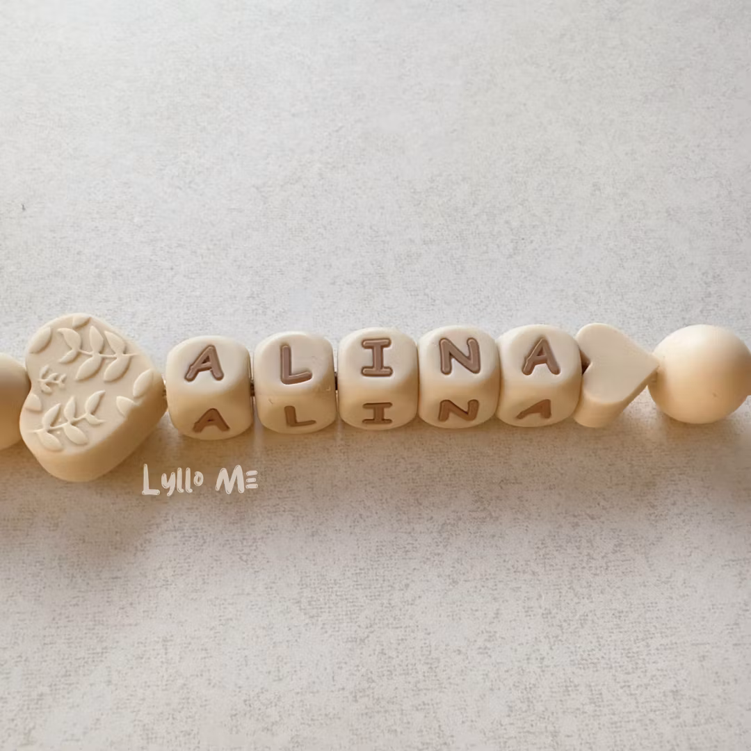 Pacifier holder with name Heart Wheat /WHEAT