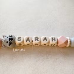 Pacifier holder with name Cat Light Grey / CREAM
