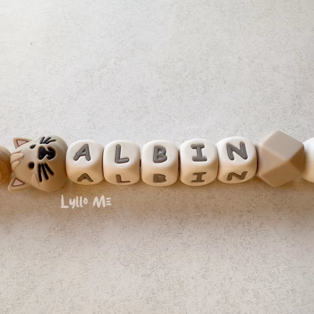 Pacifier holder with name Cat Beige / CREAM