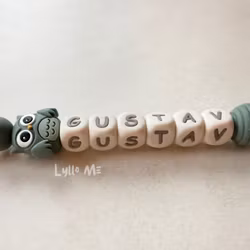 Pacifier holder with name - OWL- DARK OLD GREEN / CREAM