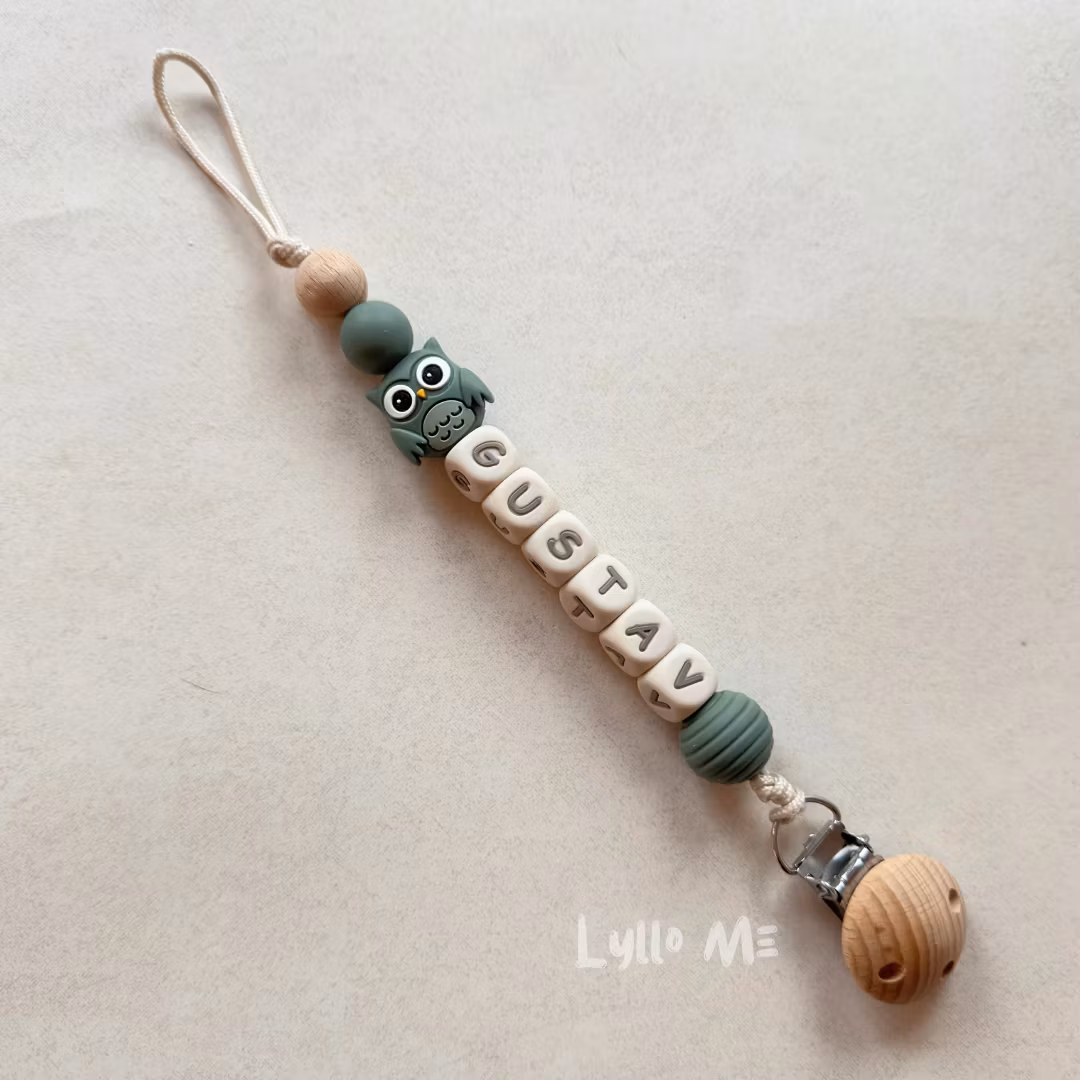 Pacifier holder with name - OWL- DARK OLD GREEN / CREAM