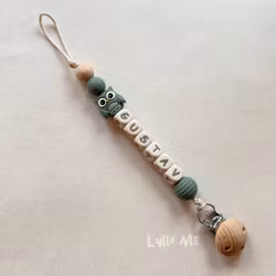 Pacifier holder with name - OWL- DARK OLD GREEN / CREAM