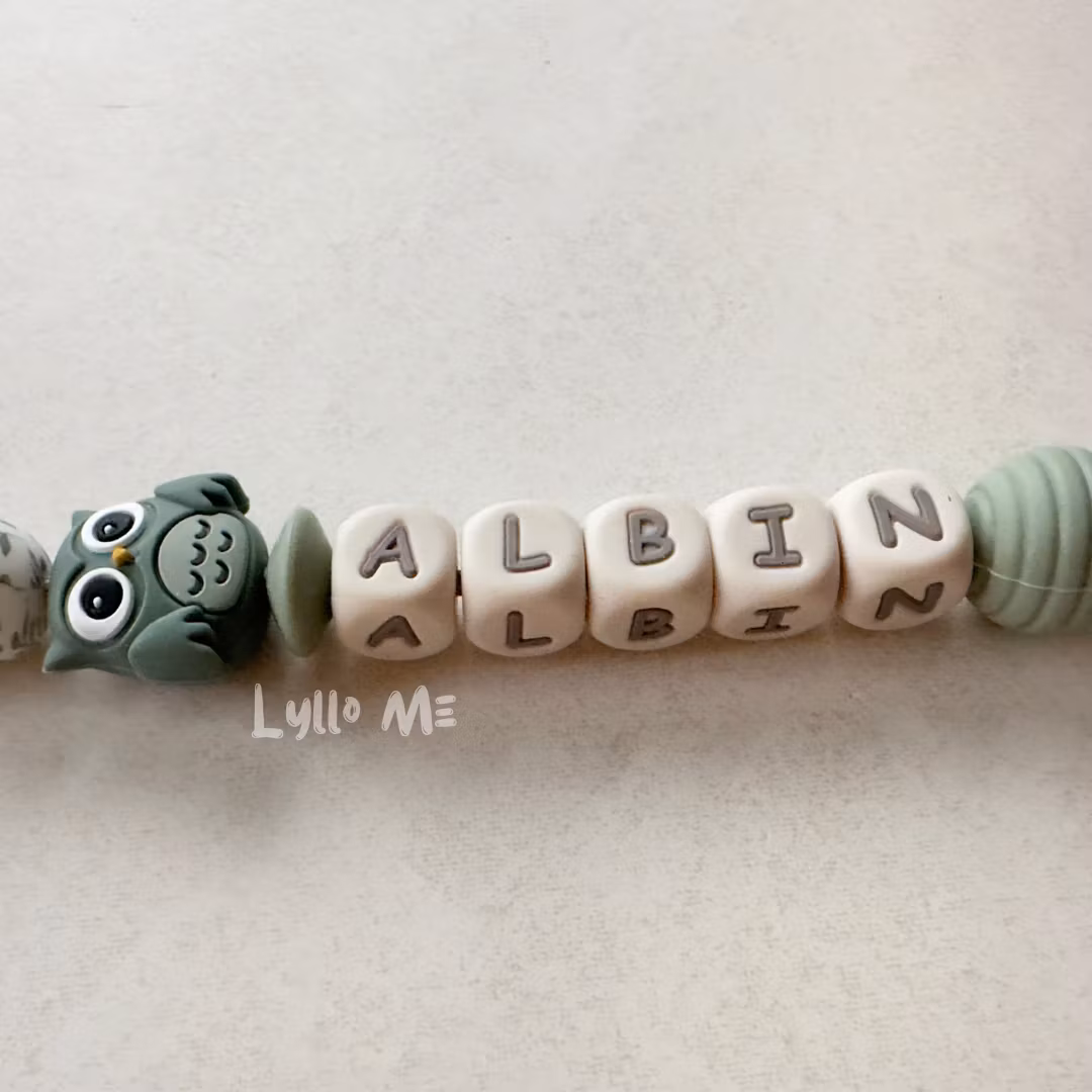 Pacifier holder with name - OWL- OLD GREEN / CREAM 2