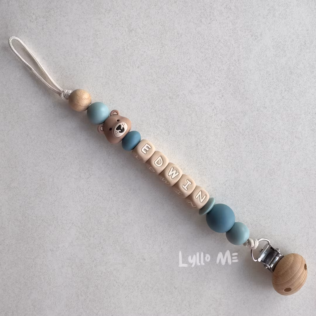 Pacifier holder with name - Little Bear - Grey Blue - arctic blue / Oatmeal