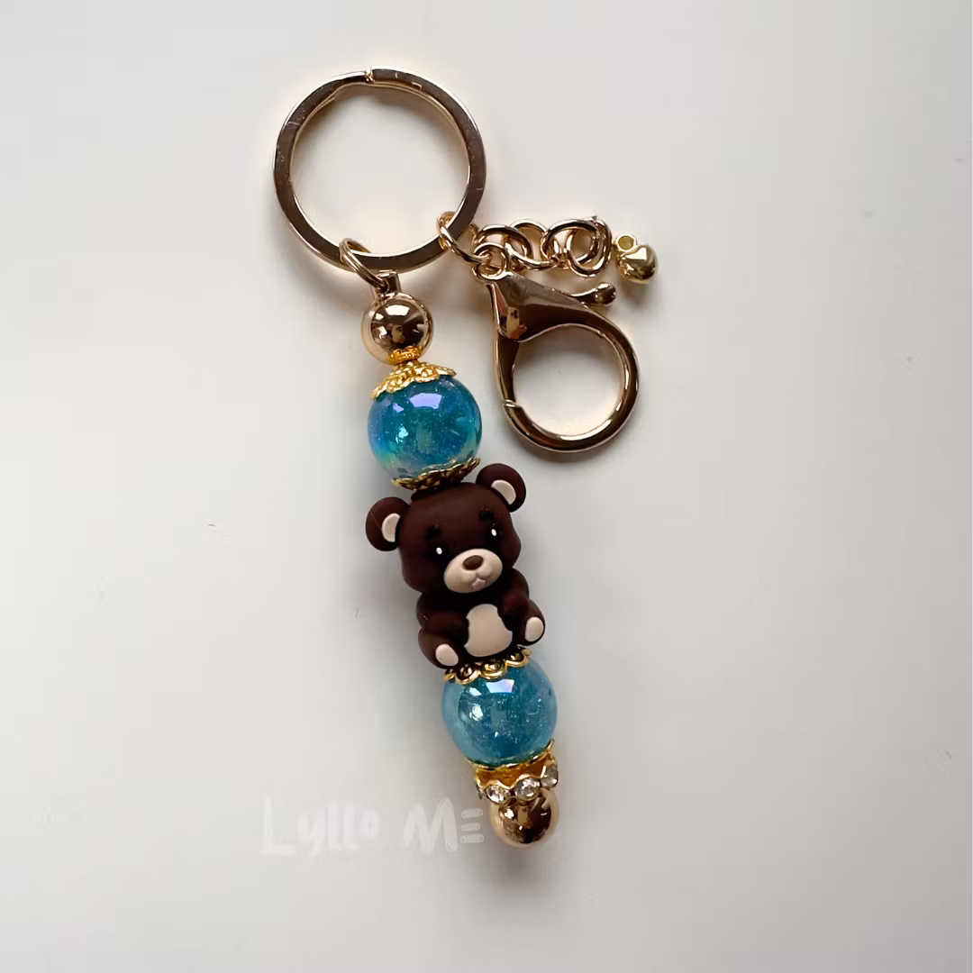 KEY RING - TEDDY BEAR dark brown -Blue sparkle -GOLD