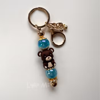 KEY RING - TEDDY BEAR dark brown -Blue sparkle -GOLD