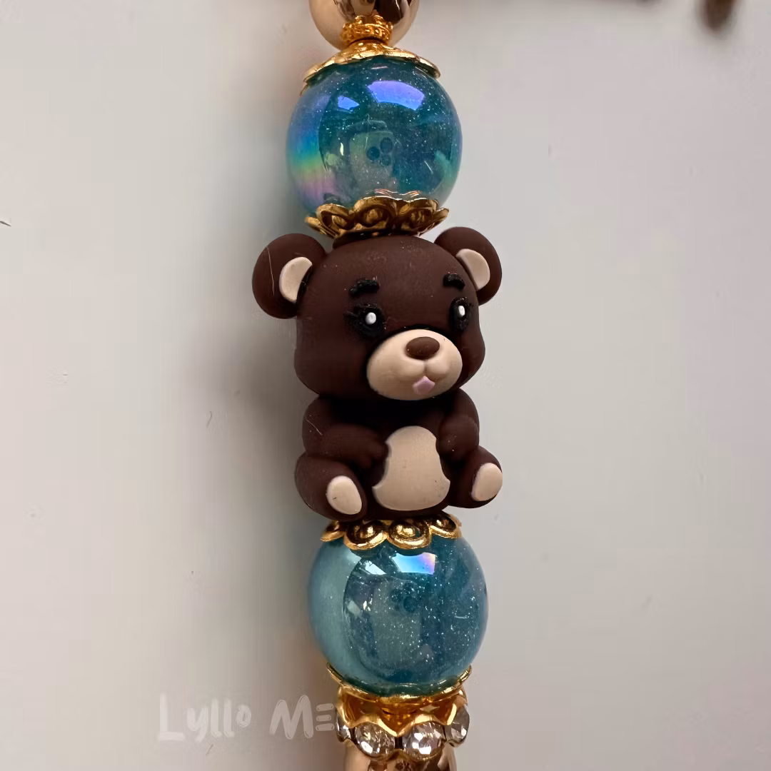 KEY RING - TEDDY BEAR dark brown -Blue sparkle -GOLD
