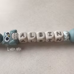 Pacifier holder with name - OWL- GREY BLUE / CREAM 1