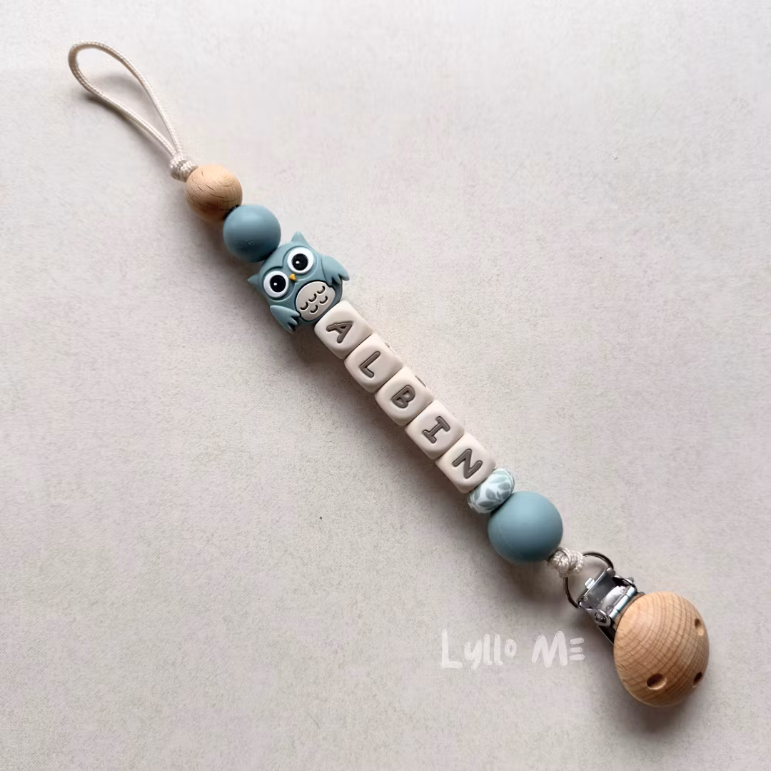 Pacifier holder with name - OWL- GREY BLUE / CREAM 1