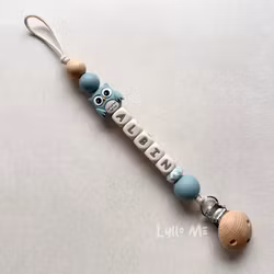 Pacifier holder with name - OWL- GREY BLUE / CREAM 1