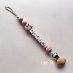 Pacifier holder with name - OWL- OLD INK / CREAM