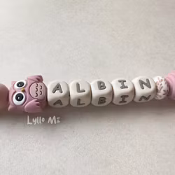 Pacifier holder with name - OWL- OLD INK / CREAM