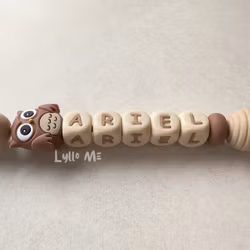 Pacifier holder with name - OWL- MILK CHOCOLATE / CREAM