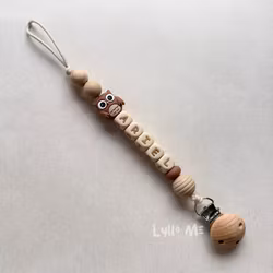 Pacifier holder with name - OWL- MILK CHOCOLATE / CREAM
