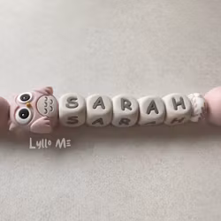 Pacifier holder with name - OWL- LIGHT OLD INK / CREAM