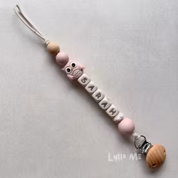 Pacifier holder with name - OWL- LIGHT OLD INK / CREAM