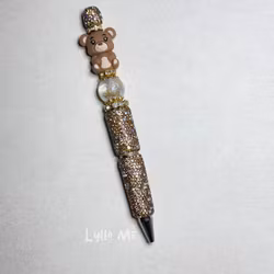 Rhinestone pen with pearls - TEDDY BEAR brown - GOLD