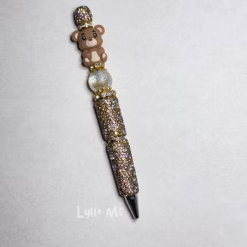 Rhinestone pen with pearls - TEDDY BEAR brown - GOLD