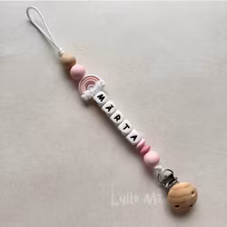 Pacifier holder with name -Rainbow with Cloud and stars - WHITE