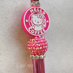 PEN WITH BEADS -HELLO COFFEE - METALLIC MAGENTA /SILVER
