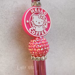 PEN WITH BEADS -HELLO COFFEE - METALLIC MAGENTA /SILVER