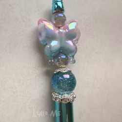 PEN WITH BEADS - PINK/BLUE BUTTERFLY- METALLIC BLUE/SILVER