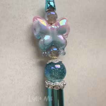 PEN WITH BEADS - PINK/BLUE BUTTERFLY- METALLIC BLUE/SILVER
