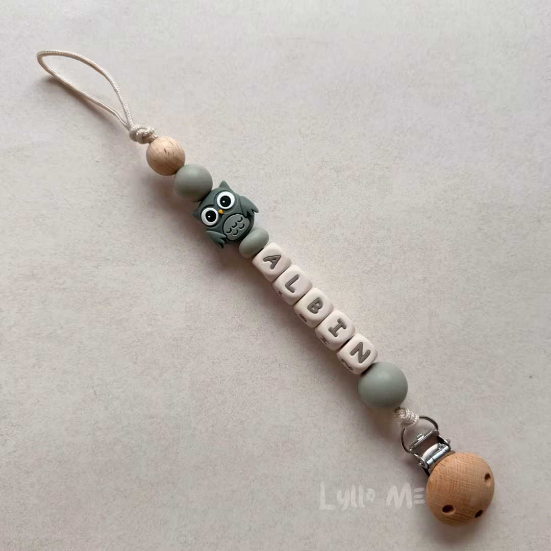 Pacifier holder with name - OWL- LAUREL GREEN / CREAM