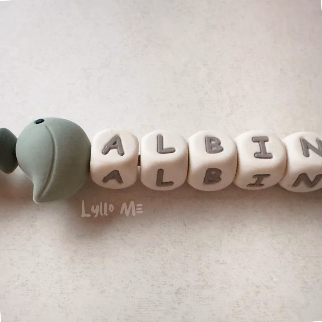 Pacifier holder with name - LITTLE BIRD- LAUREL GREEN/ Cream