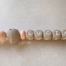 Pacifier holder with name - BIRD - TAUPE - BLUSH/ TAUPE