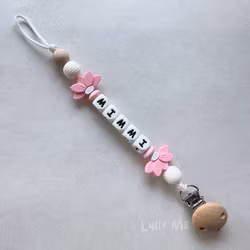 Pacifier holder with name - HALF DAISY SOFT PINK - WHITE (max 5 letters)