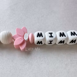 Pacifier holder with name - HALF DAISY SOFT PINK - WHITE (max 5 letters)