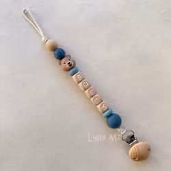 Pacifier holder with name - Little Bear - Flannel Blue/ Oatmeal