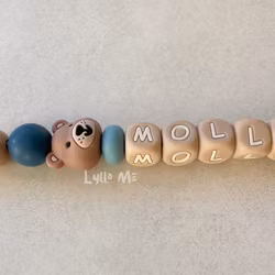 Pacifier holder with name - Little Bear - Flannel Blue/ Oatmeal