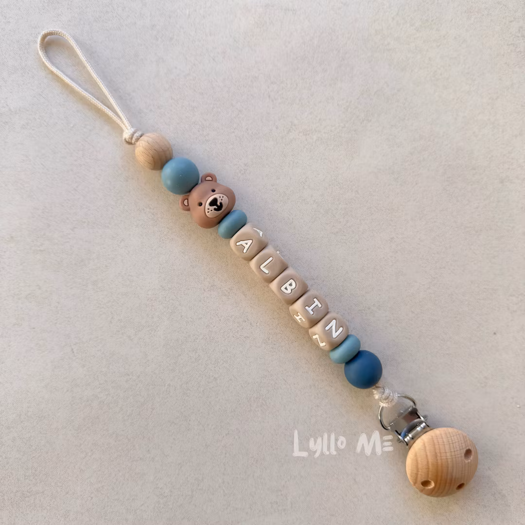 Pacifier holder with name - Little Bear - Dusky Blue/ Taupe