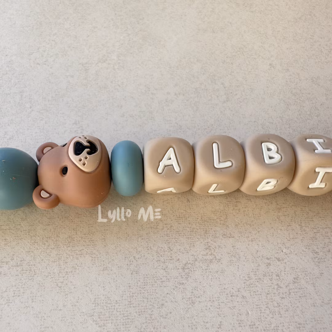 Pacifier holder with name - Little Bear - Dusky Blue/ Taupe