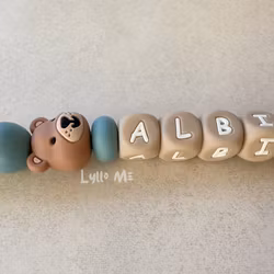 Pacifier holder with name - Little Bear - Dusky Blue/ Taupe