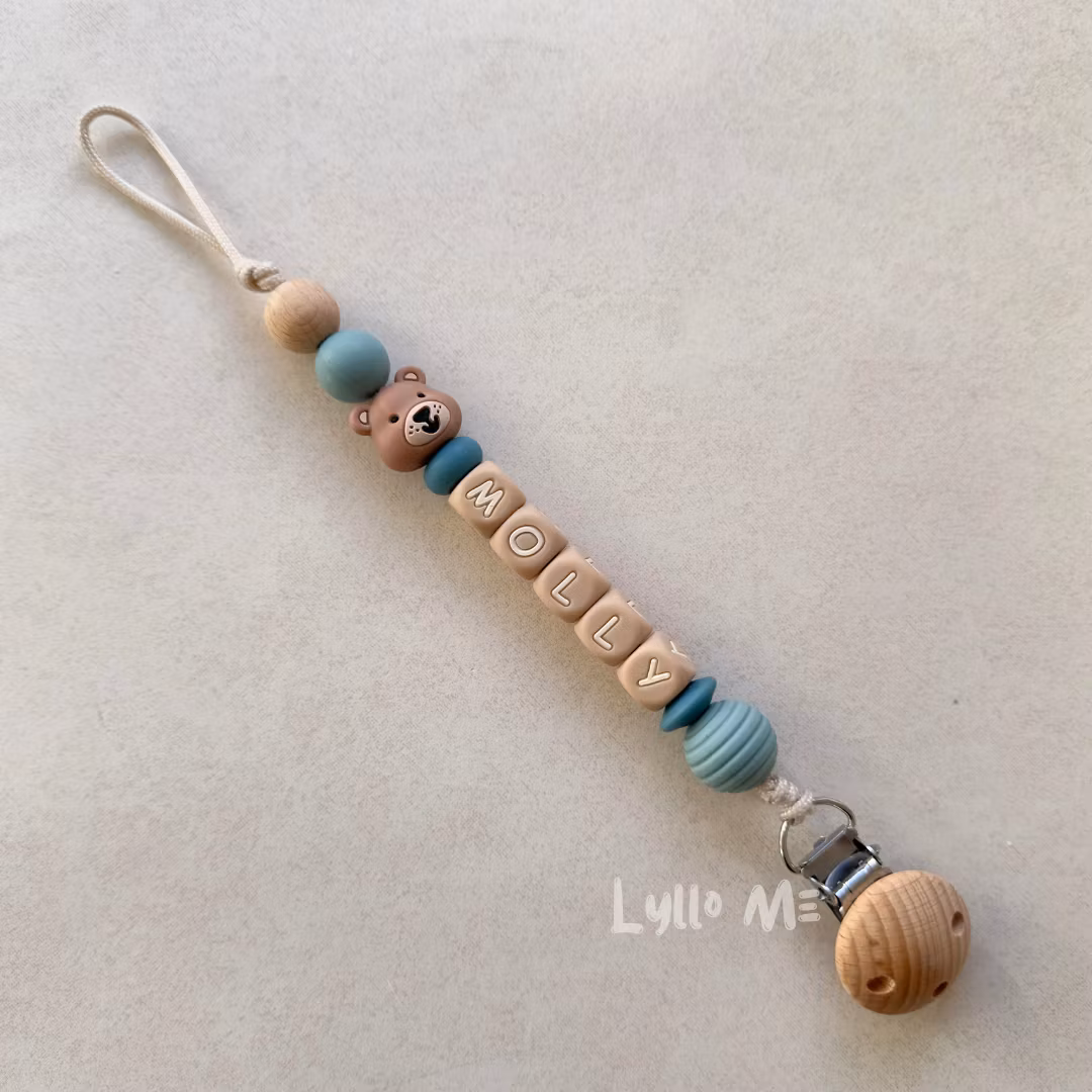 Pacifier holder with name - Little Bear - Blue Grey/ Oatmeal
