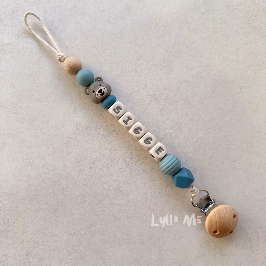Pacifier holder with name - Little Bear - Blue Grey/ Cream