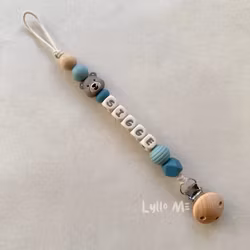 Pacifier holder with name - Little Bear - Blue Grey/ Cream
