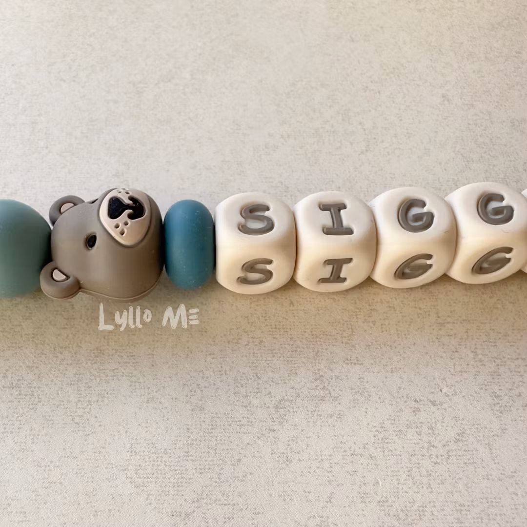 Pacifier holder with name - Little Bear - Blue Grey/ Cream