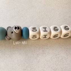 Pacifier holder with name - Little Bear - Blue Grey/ Cream