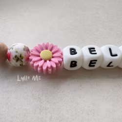 Pacifier holder with name DAISY Peony Pink / WHITE