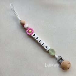 Pacifier holder with name DAISY Peony Pink / WHITE