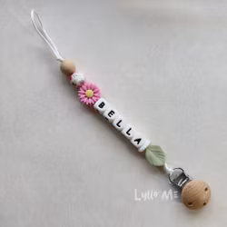 Pacifier holder with name DAISY Peony Pink / WHITE